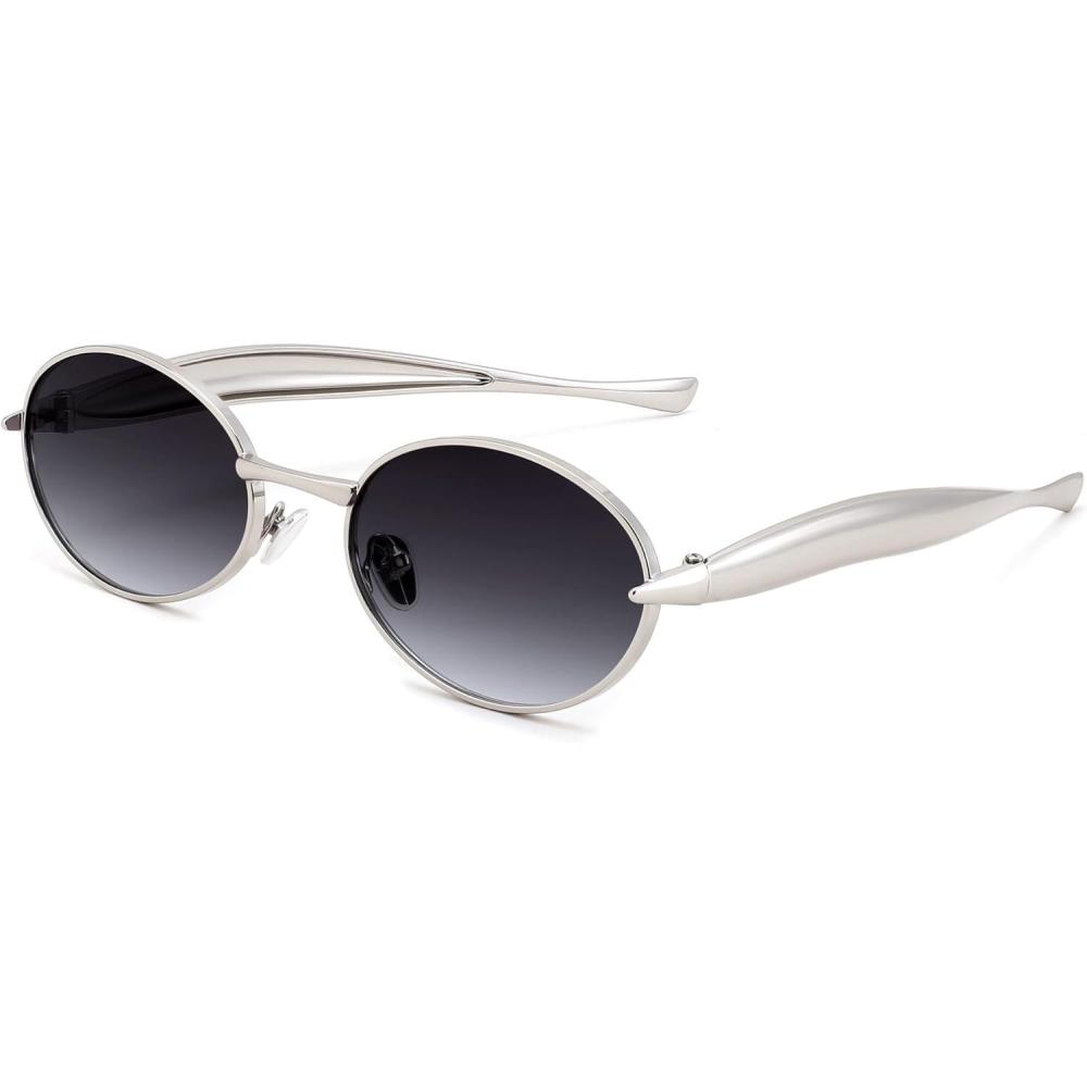 imageFEISEDY Retro Oval Sunglasses Women Men Gold Metal Chunky Frame UV400 for Driving ampamp Daily Wear B0312SilverGrey