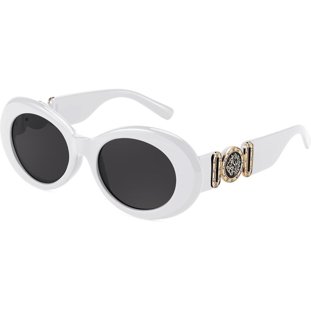 imageFEISEDY Retro Oval Sunglasses Women Mens 90s Vintage Small Round shades Clout Goggles B2969Whitegold