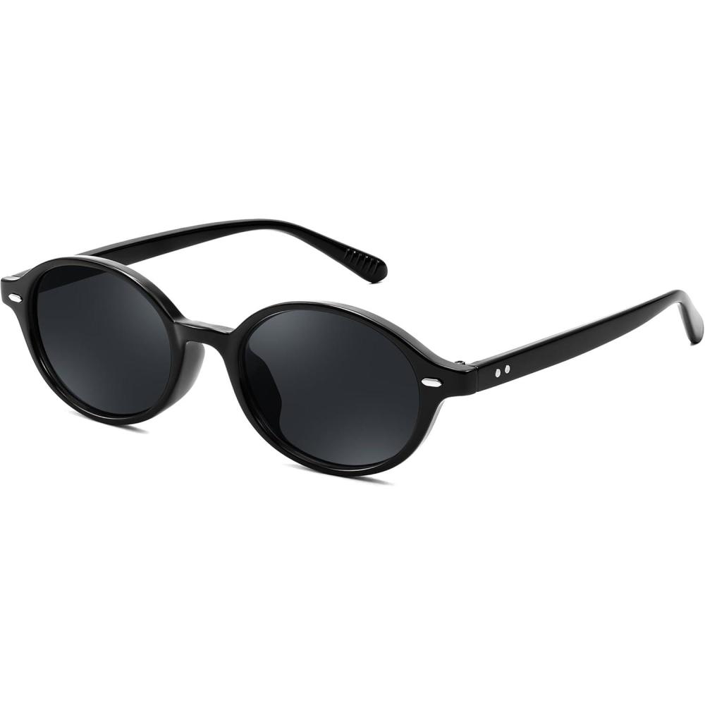imageFEISEDY Retro Oval Sunglasses for Women 90s Narrow Round Lightweight Shades Y2k Trendy Sunnies B1171001 Black Frame Grey