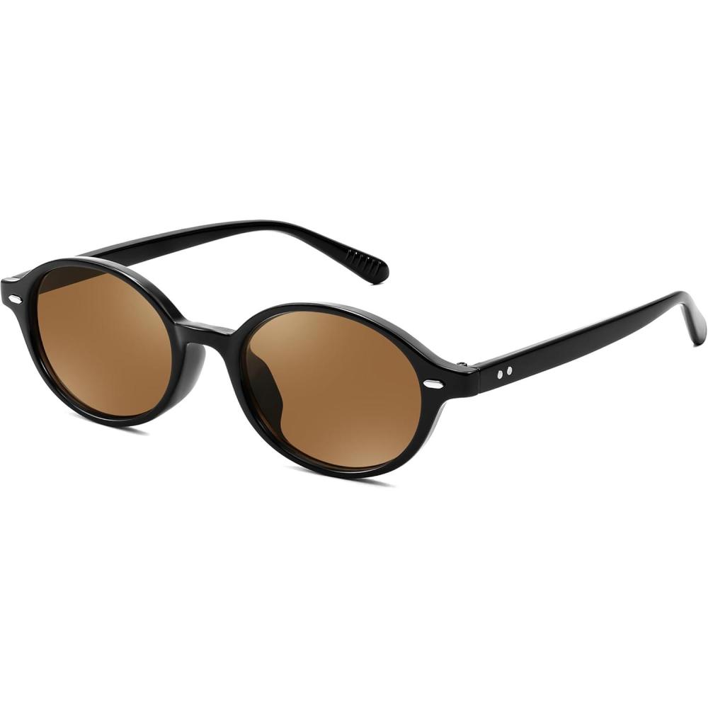 imageFEISEDY Retro Oval Sunglasses for Women 90s Narrow Round Lightweight Shades Y2k Trendy Sunnies B1171002 Black Frame Tea