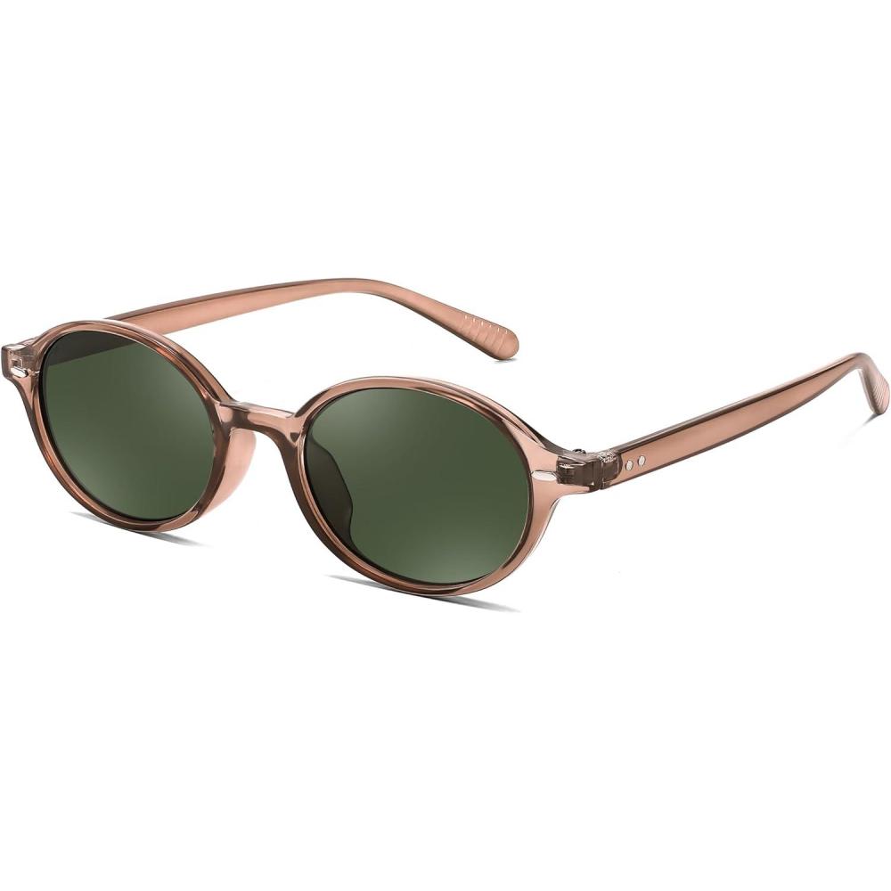 imageFEISEDY Retro Oval Sunglasses for Women 90s Narrow Round Lightweight Shades Y2k Trendy Sunnies B1171003 Transparent Brown Frame Green