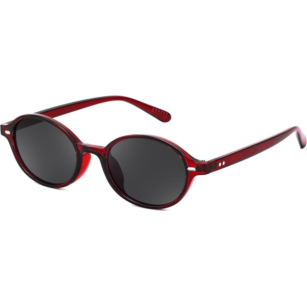 imageFEISEDY Retro Oval Sunglasses for Women 90s Narrow Round Lightweight Shades Y2k Trendy Sunnies B1171007 Transparent Red Frame Grey