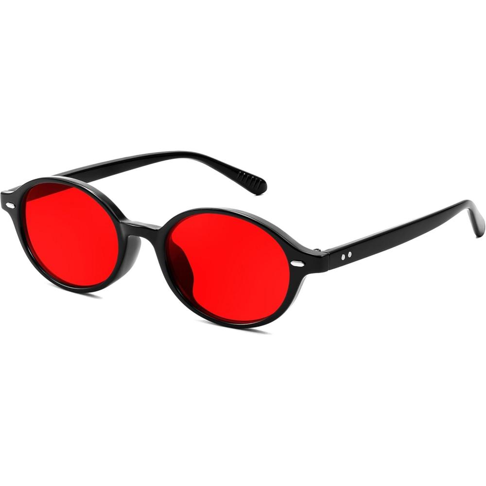 imageFEISEDY Retro Oval Sunglasses for Women 90s Narrow Round Lightweight Shades Y2k Trendy Sunnies B1171008 Black Frame Red