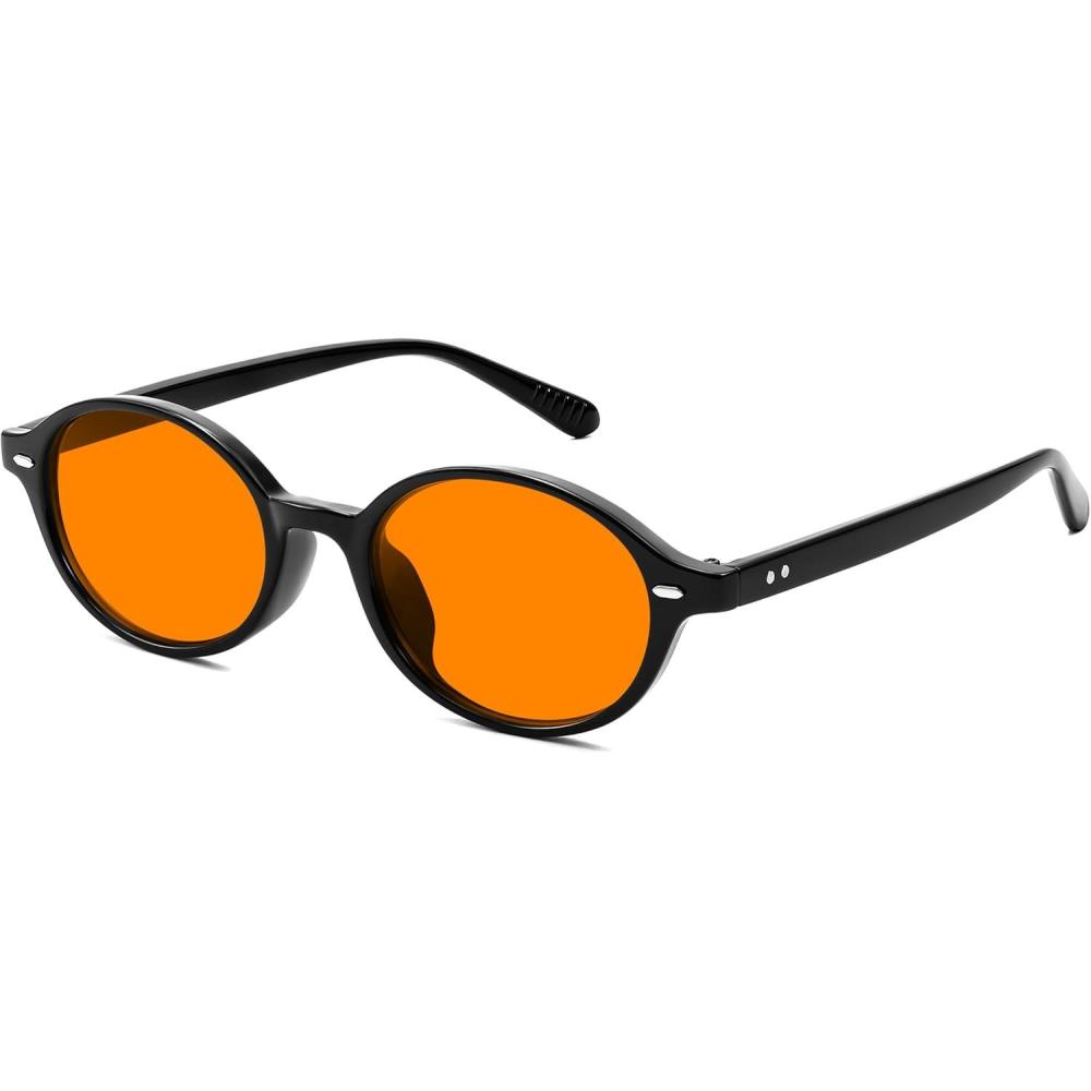 imageFEISEDY Retro Oval Sunglasses for Women 90s Narrow Round Lightweight Shades Y2k Trendy Sunnies B1171009 Black Frame Orange