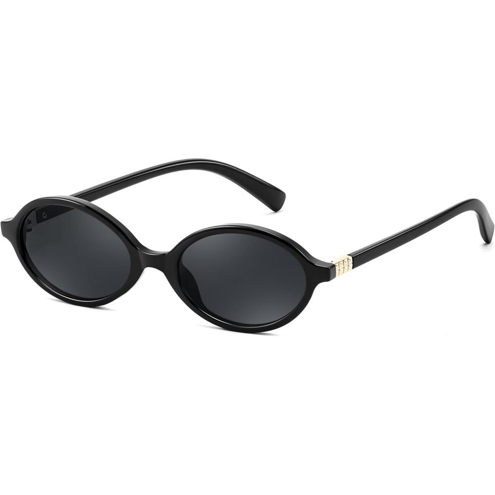 imageFEISEDY Retro Oval Sunglasses for Women 90s Narrow Round Lightweight Shades Y2k Trendy Sunnies B1171101 Black Frame Grey