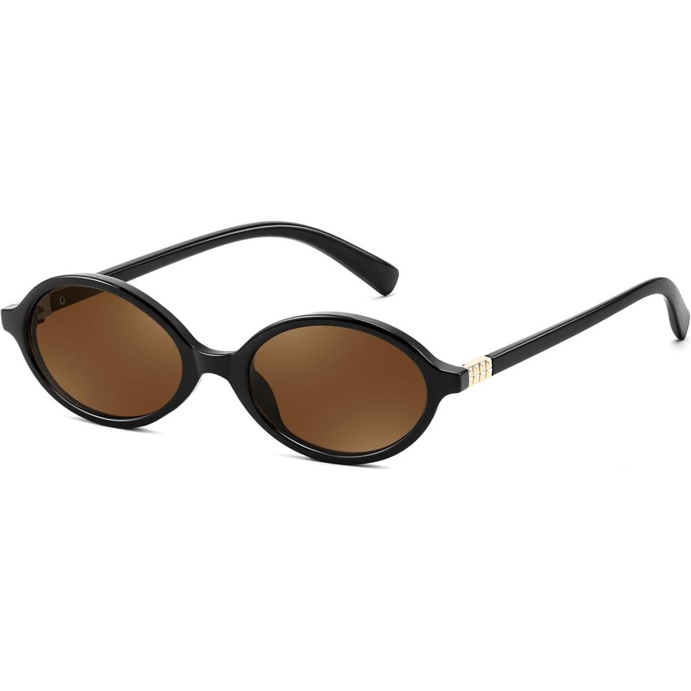 imageFEISEDY Retro Oval Sunglasses for Women 90s Narrow Round Lightweight Shades Y2k Trendy Sunnies B1171108 Black Frame Tea