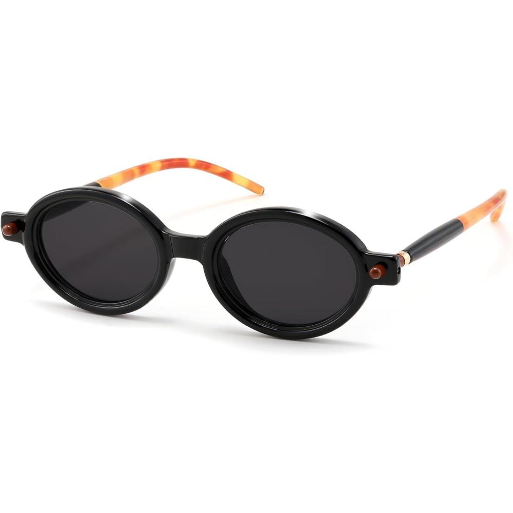 imageFEISEDY Retro Oval Sunglasses for Women 90s Narrow Round Lightweight Shades Y2k Trendy Sunnies B1171201 Black Leopard Frame Grey