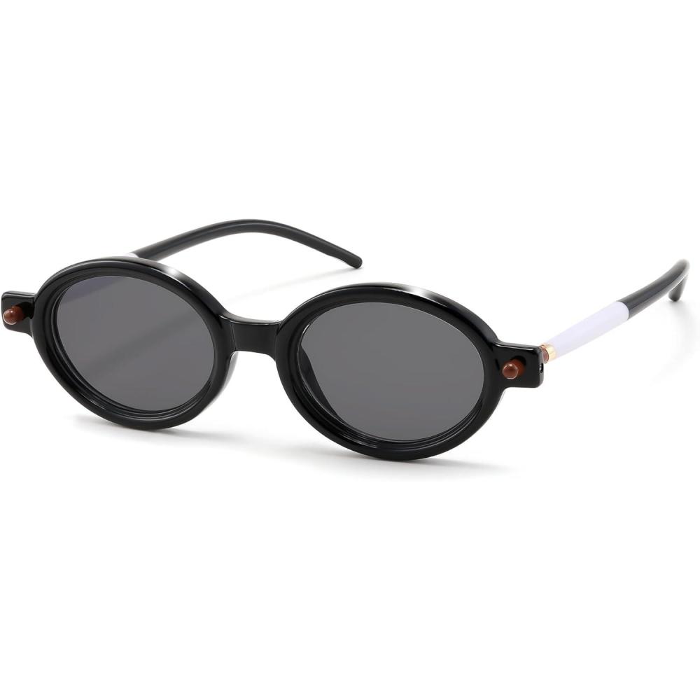 imageFEISEDY Retro Oval Sunglasses for Women 90s Narrow Round Lightweight Shades Y2k Trendy Sunnies B1171202 Black White Frame Grey
