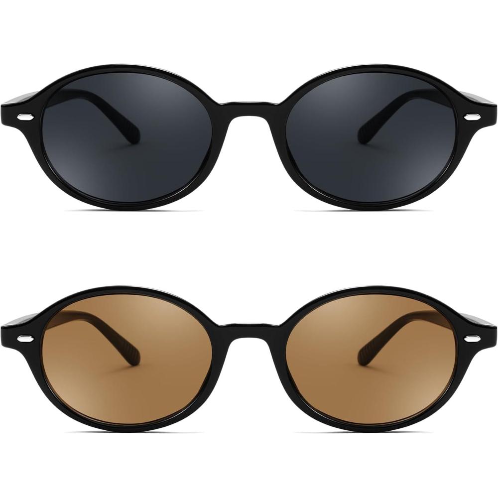 imageFEISEDY Retro Oval Sunglasses for Women 90s Narrow Round Lightweight Shades Y2k Trendy Sunnies B11712pack 001 Black Frame Grey002 Black Frame Tea