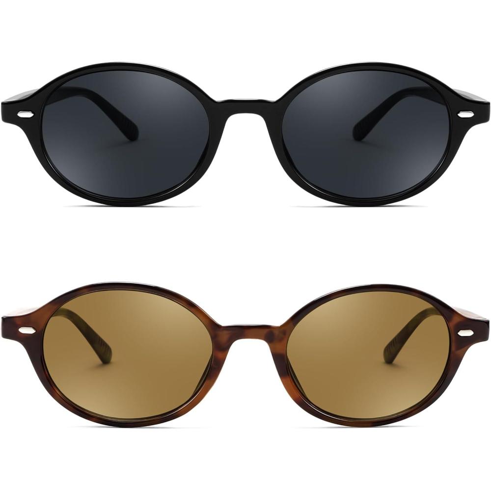 imageFEISEDY Retro Oval Sunglasses for Women 90s Narrow Round Lightweight Shades Y2k Trendy Sunnies B11712pack 001 Black Frame Grey004 Leopard Frame Tea