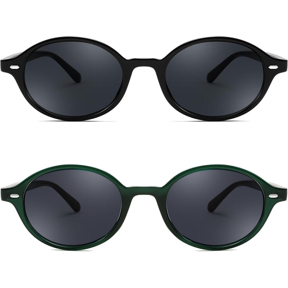 imageFEISEDY Retro Oval Sunglasses for Women 90s Narrow Round Lightweight Shades Y2k Trendy Sunnies B11712pack 001 Black Frame Grey005 Green Frame Grey