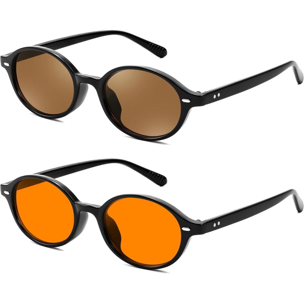 imageFEISEDY Retro Oval Sunglasses for Women 90s Narrow Round Lightweight Shades Y2k Trendy Sunnies B11712pack002 Black Frame Tea Grey009 Black Frame Orange