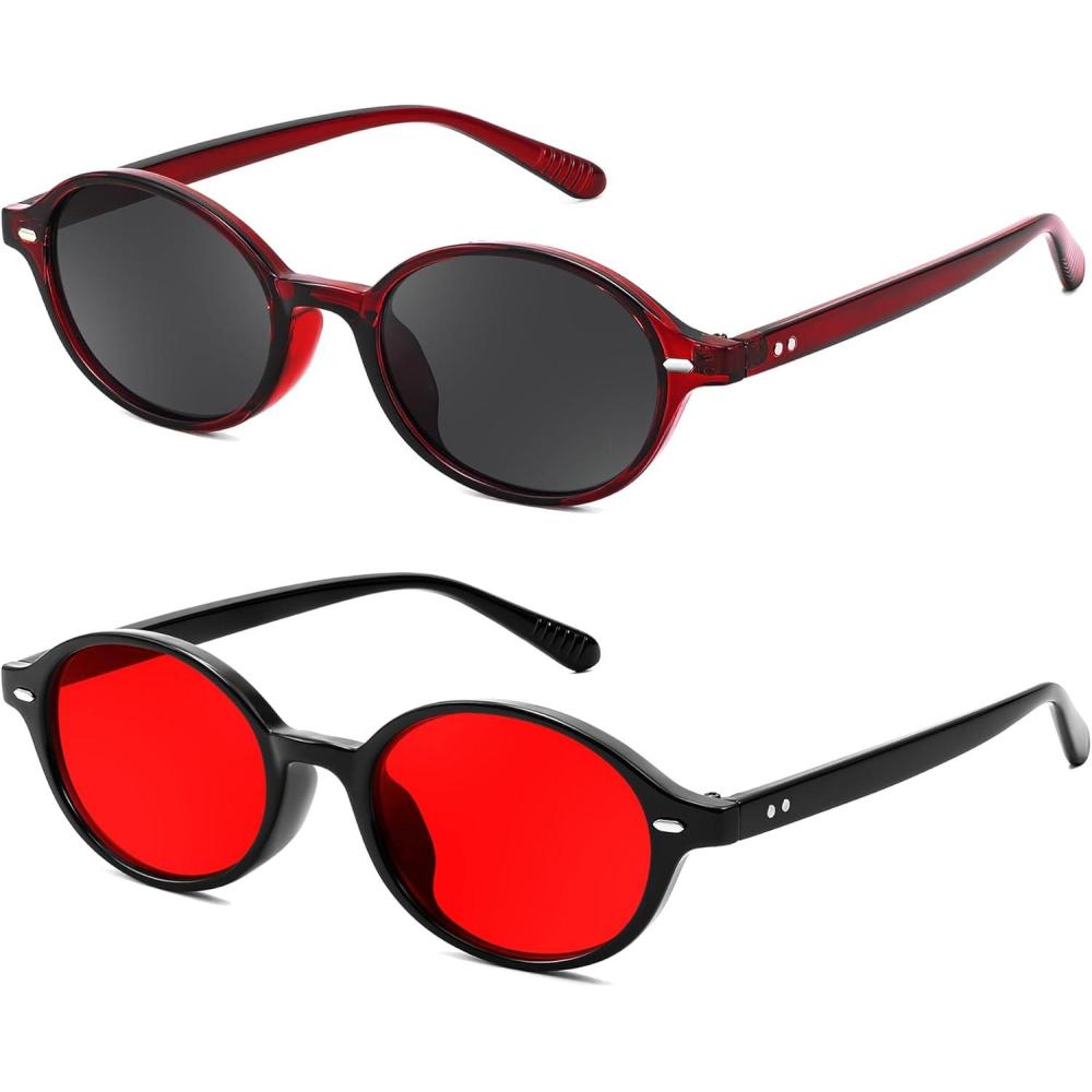 imageFEISEDY Retro Oval Sunglasses for Women 90s Narrow Round Lightweight Shades Y2k Trendy Sunnies B11712pack007 Transparent Red Frame Grey008 Black Frame Red