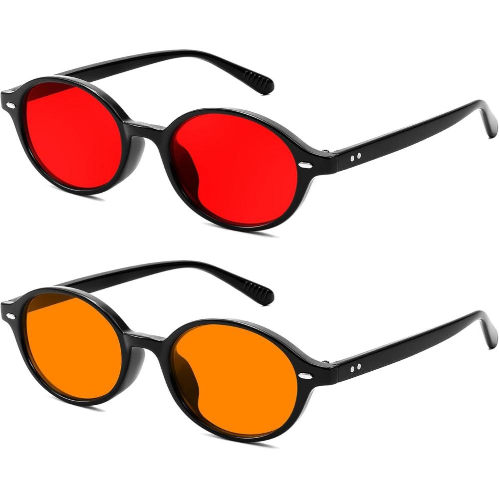 imageFEISEDY Retro Oval Sunglasses for Women 90s Narrow Round Lightweight Shades Y2k Trendy Sunnies B11712pack008 Black Frame Red009 Black Frame Orange