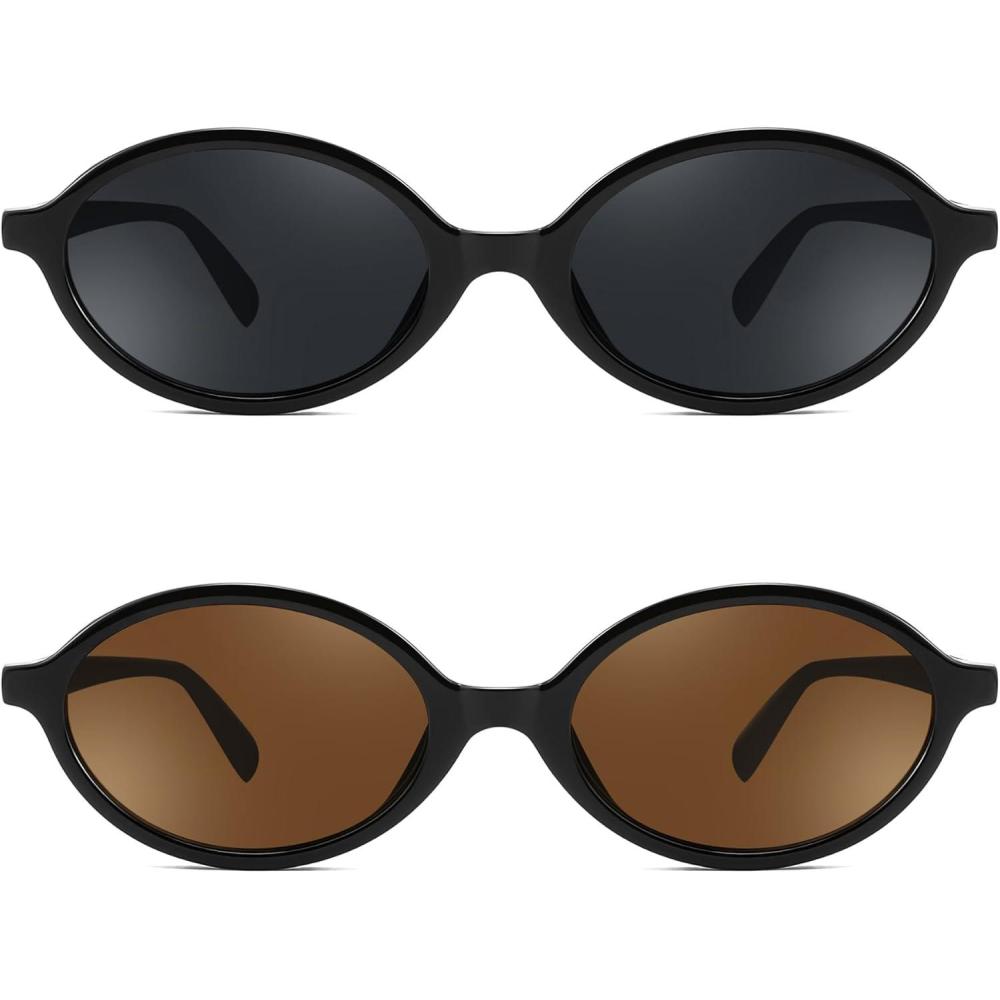 imageFEISEDY Retro Oval Sunglasses for Women 90s Narrow Round Lightweight Shades Y2k Trendy Sunnies B11712pack101 Black Frame Grey108 Black Frame Tea