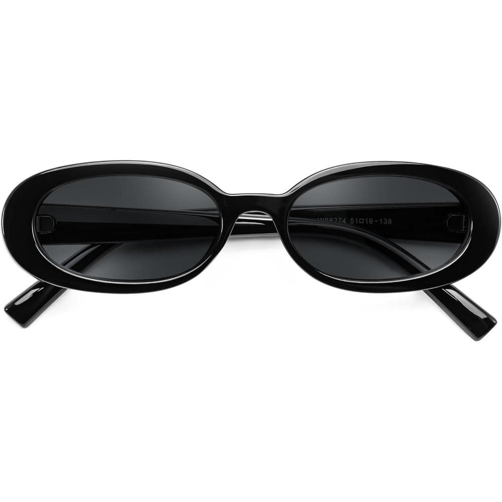 imageFEISEDY Retro Oval Sunglasses for Women 90s Narrow Round Lightweight Shades Y2k Trendy Sunnies B1171302 Black Frame Grey Lens