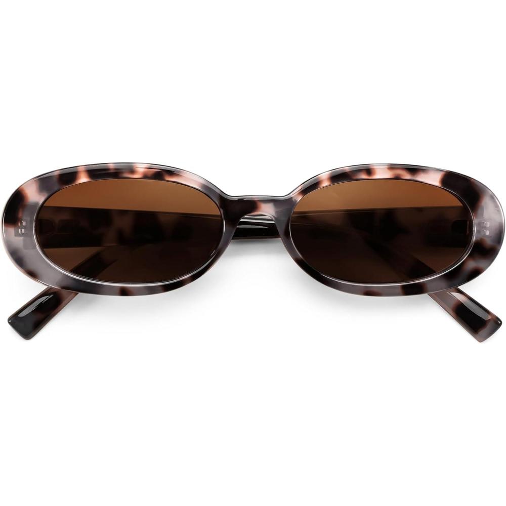 imageFEISEDY Retro Oval Sunglasses for Women 90s Narrow Round Lightweight Shades Y2k Trendy Sunnies B1171305 Pink Leopard Frame Brown Lens