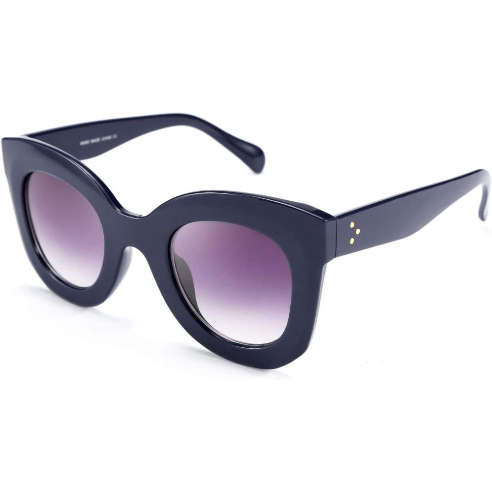 imageFEISEDY Retro Oversized Square Horn Sunglasses Semi Cat Eye Butterfly Glass Big Thick Bold Frame B2572Dark Blue