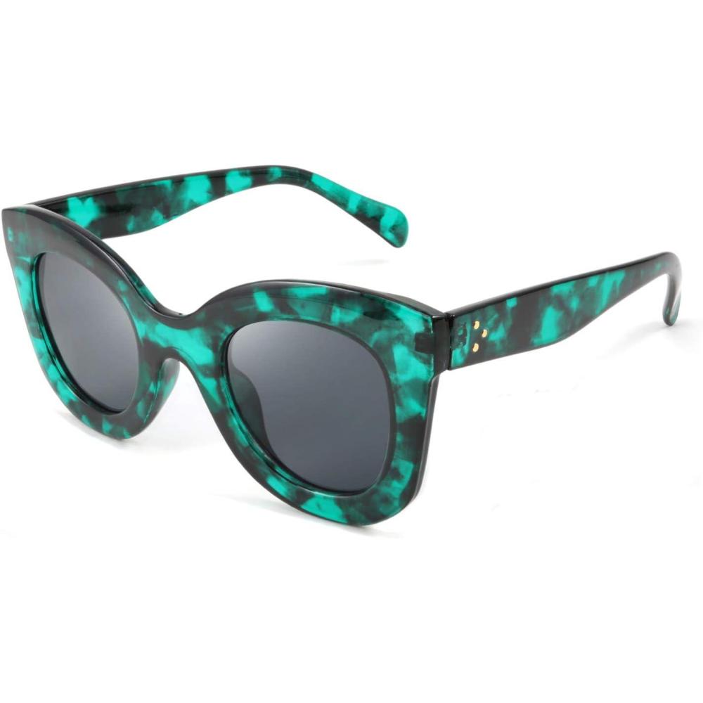 imageFEISEDY Retro Oversized Square Horn Sunglasses Semi Cat Eye Butterfly Glass Big Thick Bold Frame B2572Greenleopard