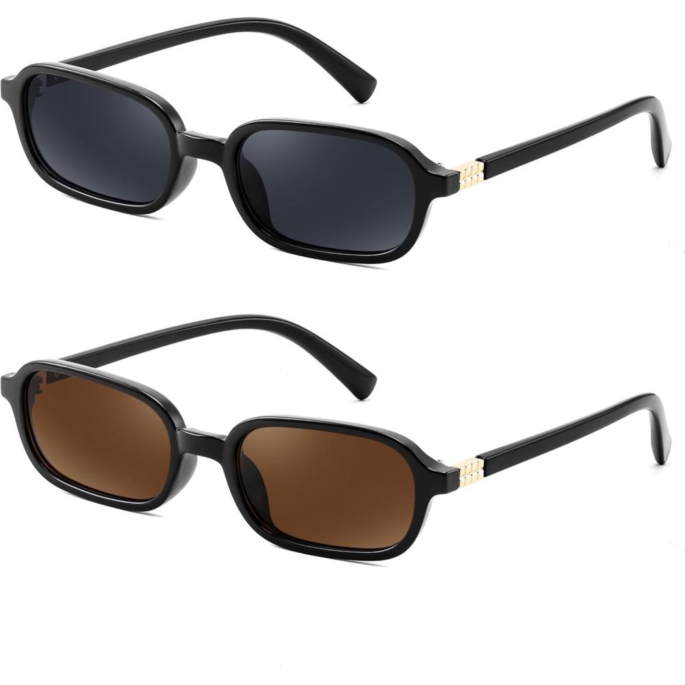 imageFEISEDY Retro Rectangular Sunglasses for Women Men 90s Small Vintage Fashion Square Sunnies B02822 Pack Blackbrown