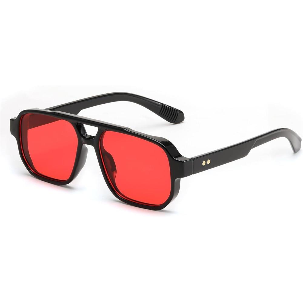 imageFEISEDY Retro Square Aviator Sunglasses Women Men 70s Small Vintage Rectangle UV400 Sun Glasses B9120Black FrameRed Lens