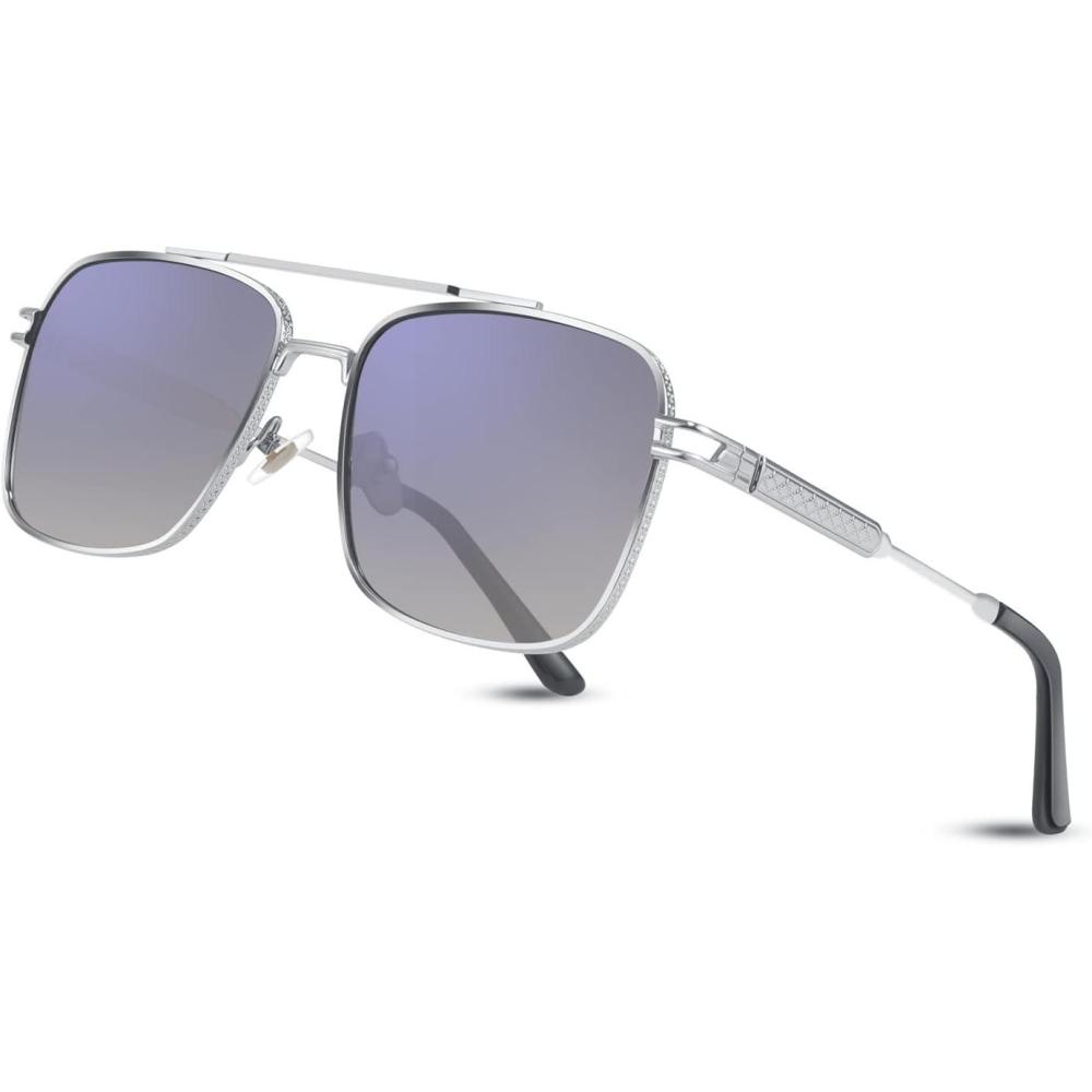imageFEISEDY Retro Square Aviator Sunglasses for Men Women Vintage 70s Pilot Shades Classic Metal Frame B2845Blue Mirror Lens Silver Metal Frame