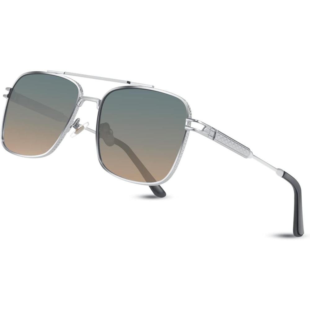 imageFEISEDY Retro Square Aviator Sunglasses for Men Women Vintage 70s Pilot Shades Classic Metal Frame B2845Blue Yellow Lens Silver Metal Frame