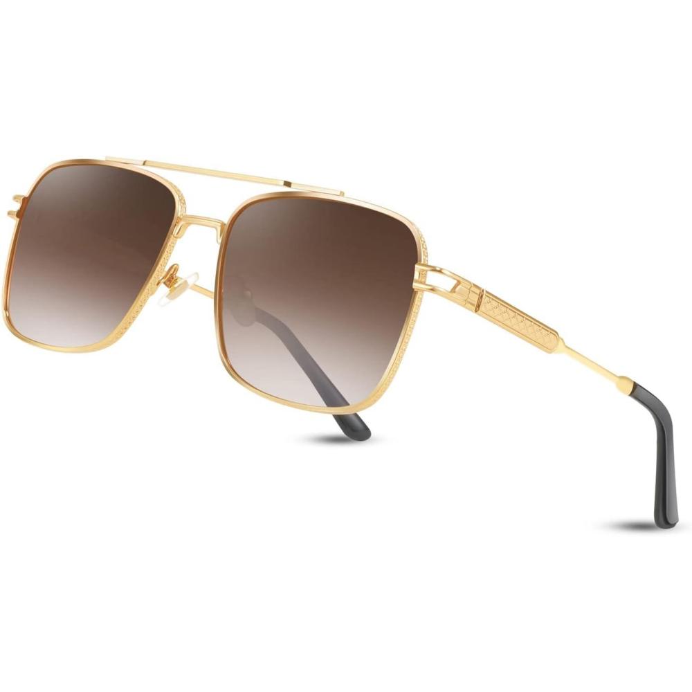 imageFEISEDY Retro Square Aviator Sunglasses for Men Women Vintage 70s Pilot Shades Classic Metal Frame B2845Gradient Tea Lens Golden Metal Frame