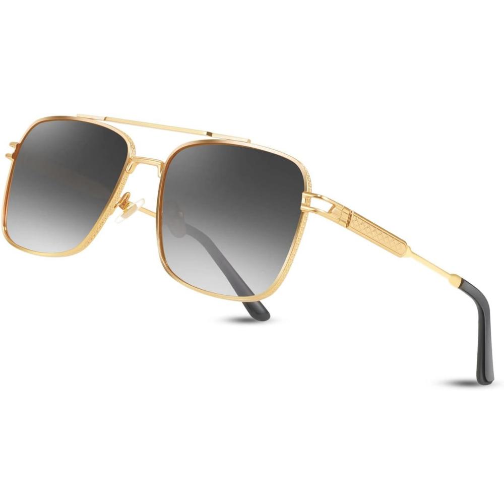 imageFEISEDY Retro Square Aviator Sunglasses for Men Women Vintage 70s Pilot Shades Classic Metal Frame B2845Grey Lens Golden Metal Frame