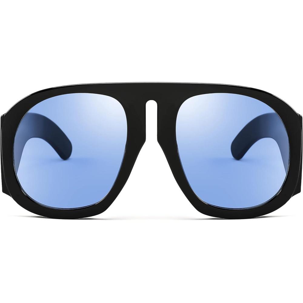 imageFEISEDY Retro Trendy Avaitor Sunglasses for Women Men Oversized Vintage 70s 80s Sunglasses Flat Top Shield Shades B2745Black FrameBlue Lens