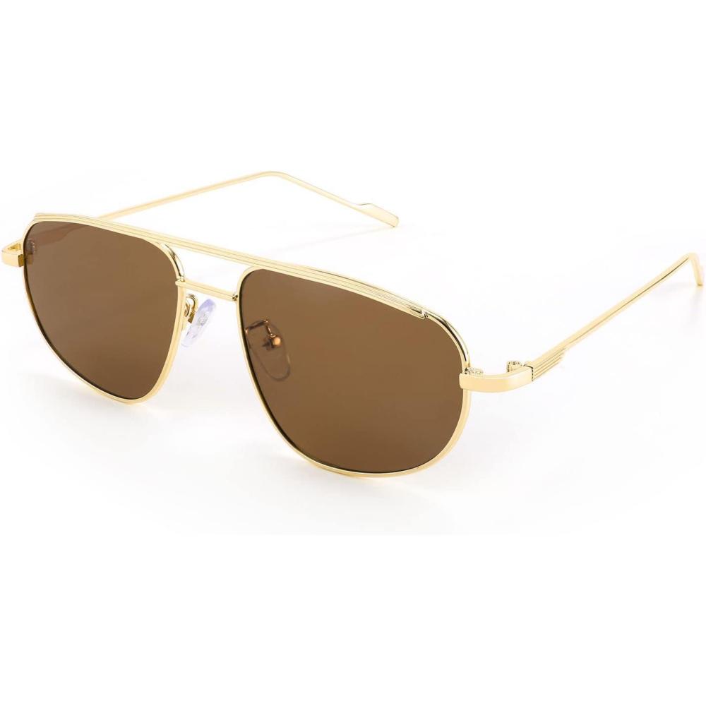 imageFEISEDY Retro Trendy Aviator Sunglasses Women Men 90s Small Vintage Glasses Stylish Gold Metal Oval Sunglasses B2906005 Gold FrameTea Lens