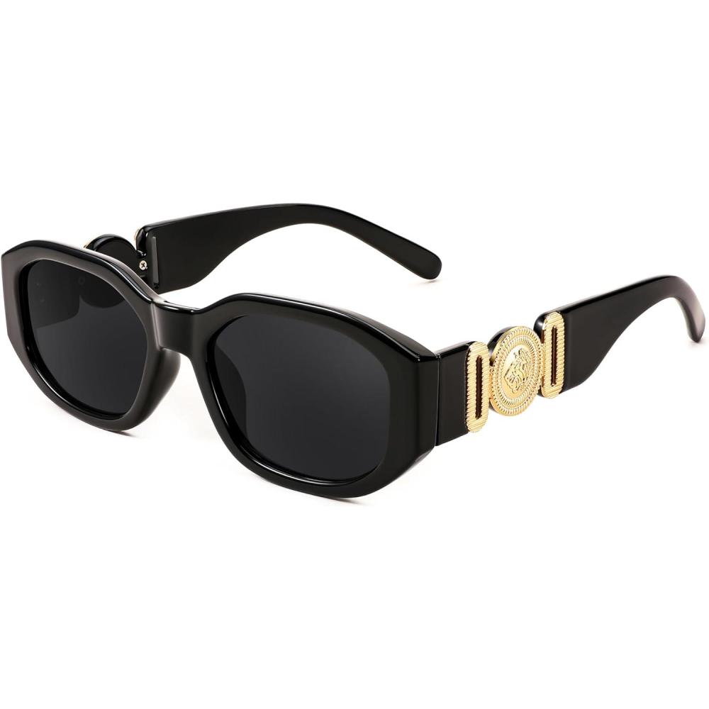 imageFEISEDY Retro Trendy Rectangle Sunglasses Women Men Vintage 90s Small Narrow Square Sunglasses B2322001 Black FrameGray Lens