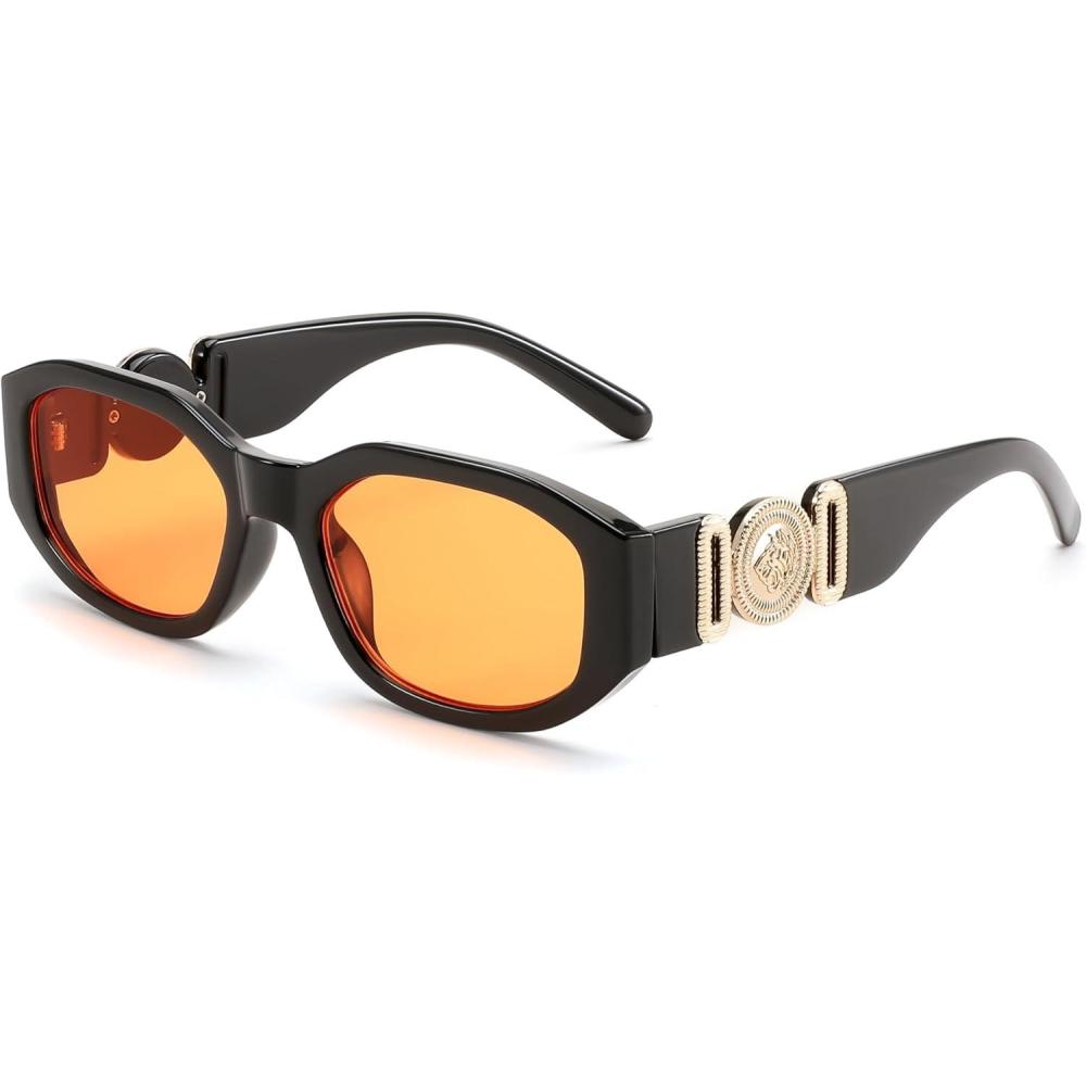 imageFEISEDY Retro Trendy Rectangle Sunglasses Women Men Vintage 90s Small Narrow Square Sunglasses B2322012black FrameOrange Lens