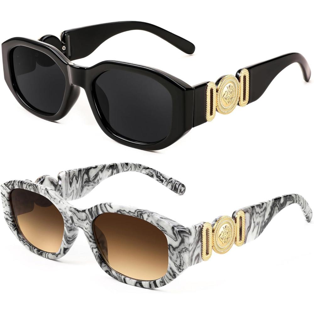 imageFEISEDY Retro Trendy Rectangle Sunglasses Women Men Vintage 90s Small Narrow Square Sunglasses B23222 Pack Blackgrandient Tea