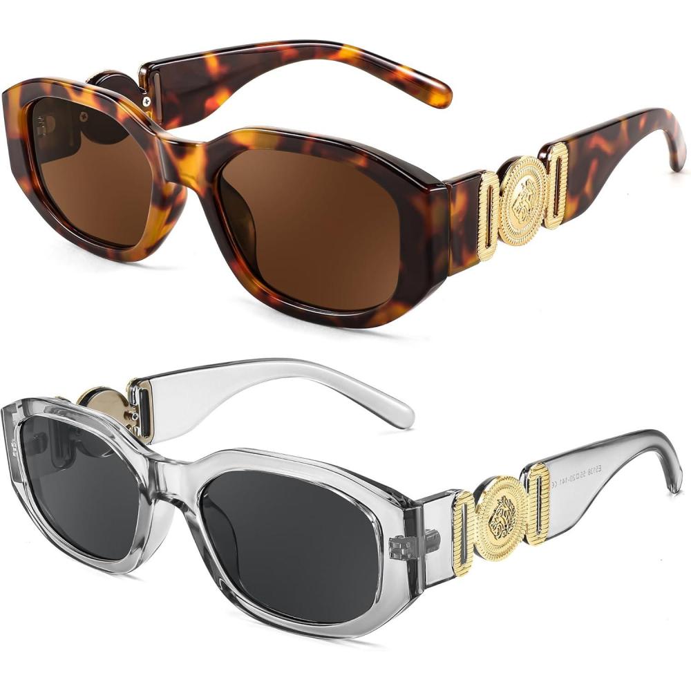 imageFEISEDY Retro Trendy Rectangle Sunglasses Women Men Vintage 90s Small Narrow Square Sunglasses B23222 Pack Browngray