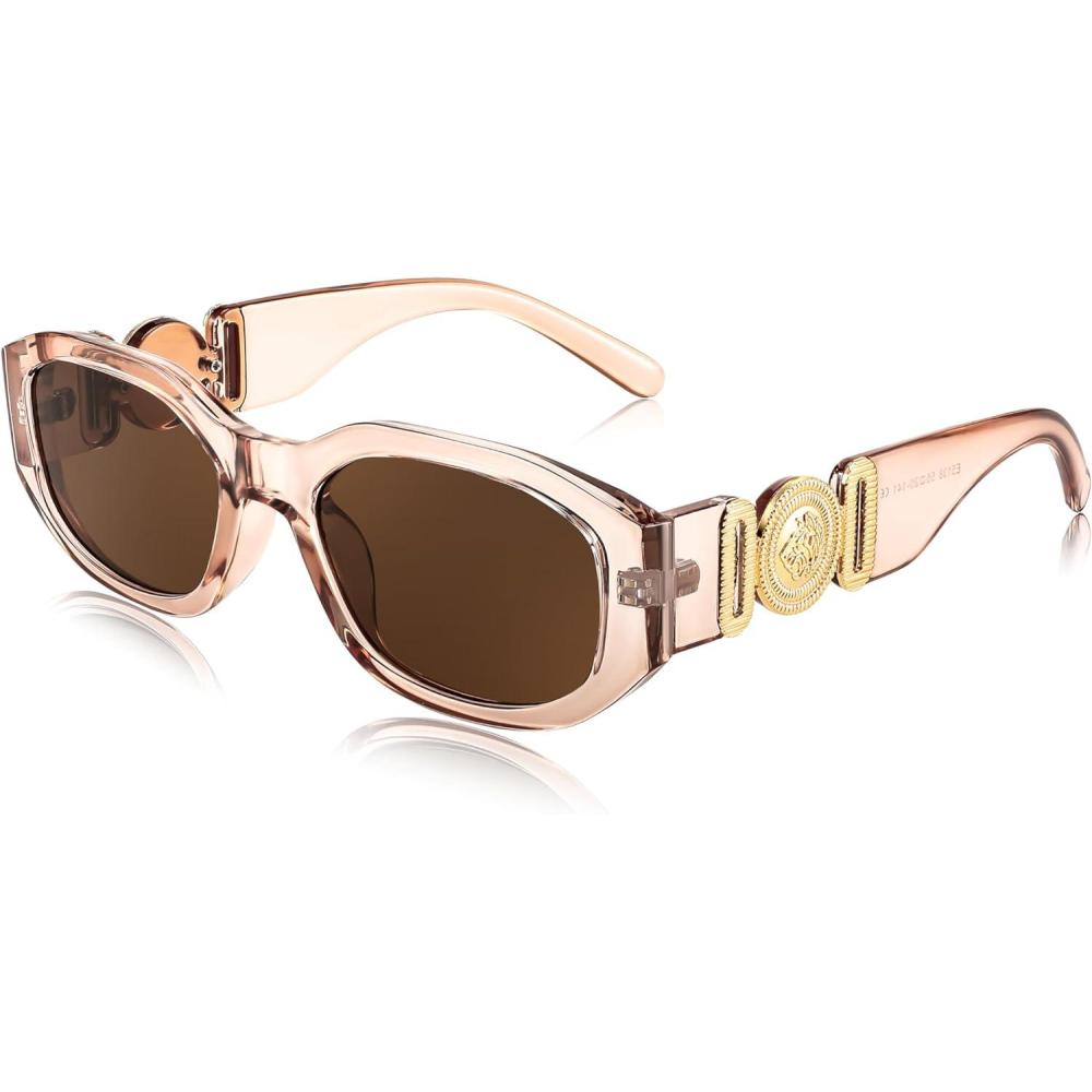 imageFEISEDY Retro Trendy Rectangle Sunglasses Women Men Vintage 90s Small Narrow Square Sunglasses B2322Champagne FrameBrown Lens