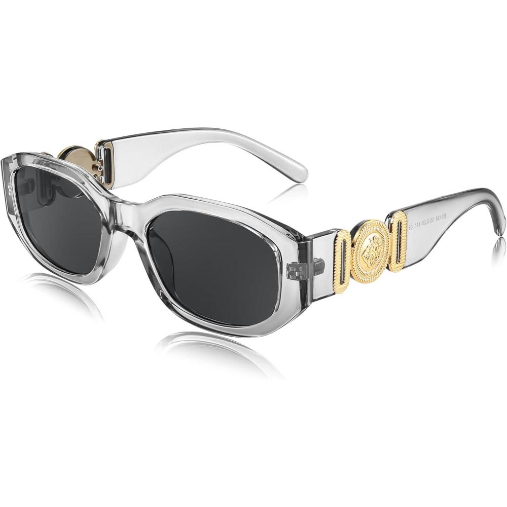 imageFEISEDY Retro Trendy Rectangle Sunglasses Women Men Vintage 90s Small Narrow Square Sunglasses B2322Transparent Gray FrameGray Lens