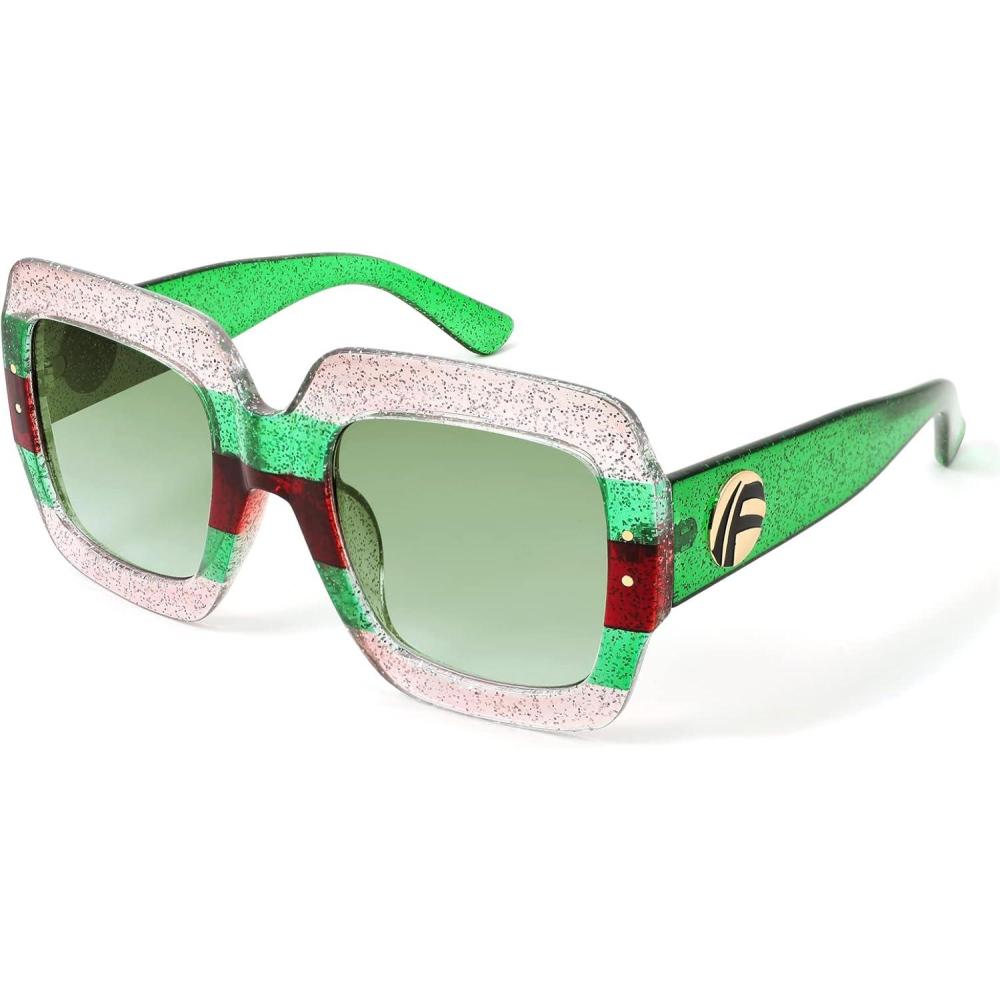 imageFEISEDY Retro Trendy Square Sunglasses for Women Oversized Stylish Inspired Shades Vintage Desinger Sunglasses B2276009 Bright Pink FrameGreen Lens