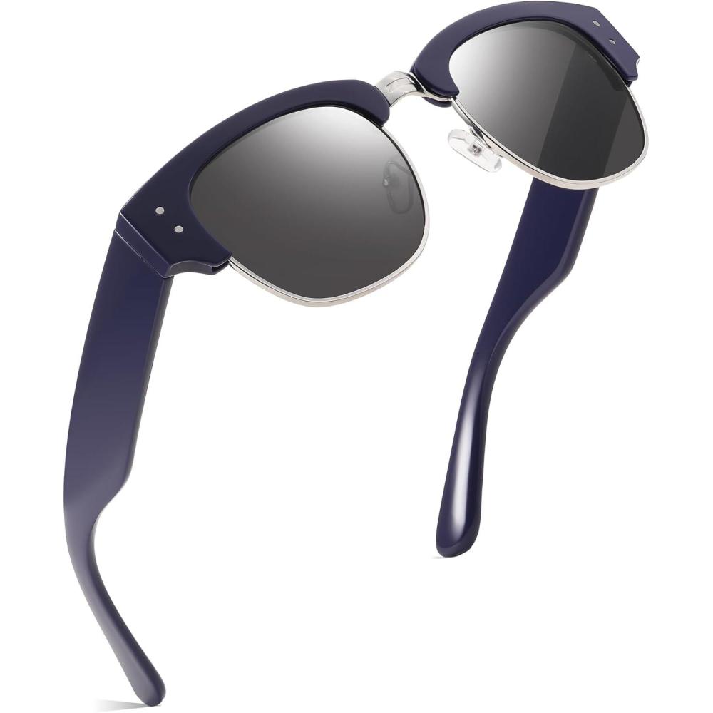 imageFEISEDY SemiRimless Sunglasses for Men Women Classic Sun Glasses Retro Metal Frame Shades UV400 Protection B0185Blue Frame  Black Lens