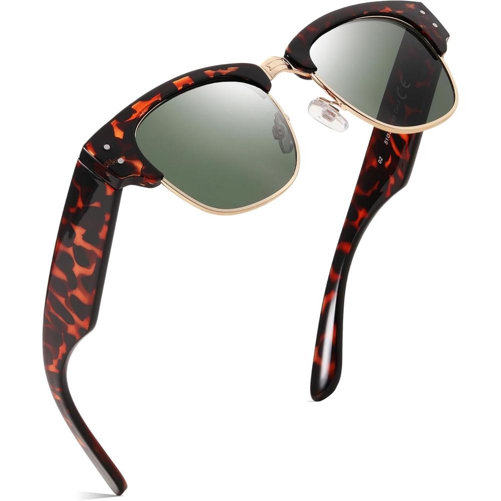 imageFEISEDY SemiRimless Sunglasses for Men Women Classic Sun Glasses Retro Metal Frame Shades UV400 Protection B0185Leopard Frame Green Lens