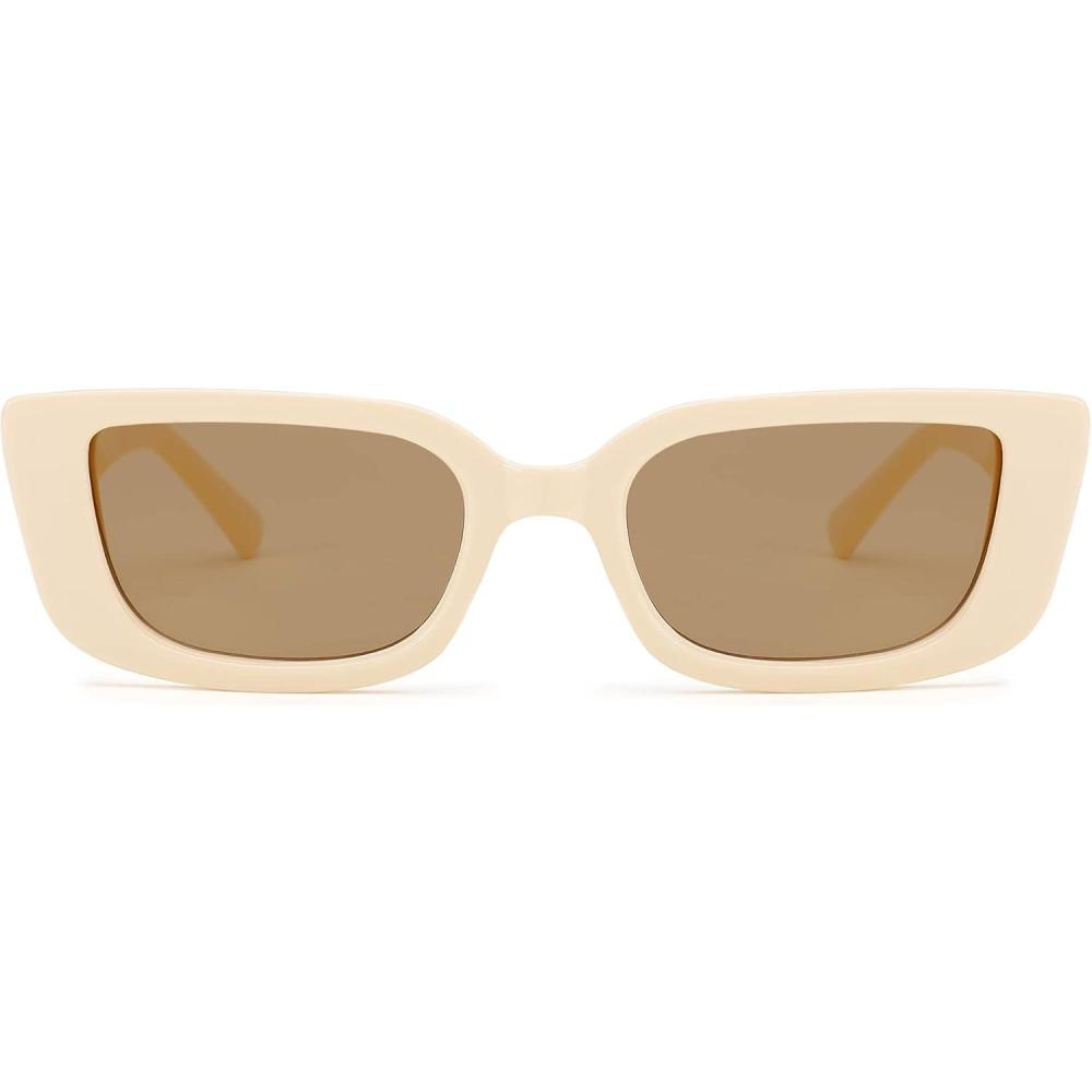 imageFEISEDY Small Rectangle Sunglasses for Women Men Vintage Trendy Y2K Rectangular Sunglasses B9066Beige