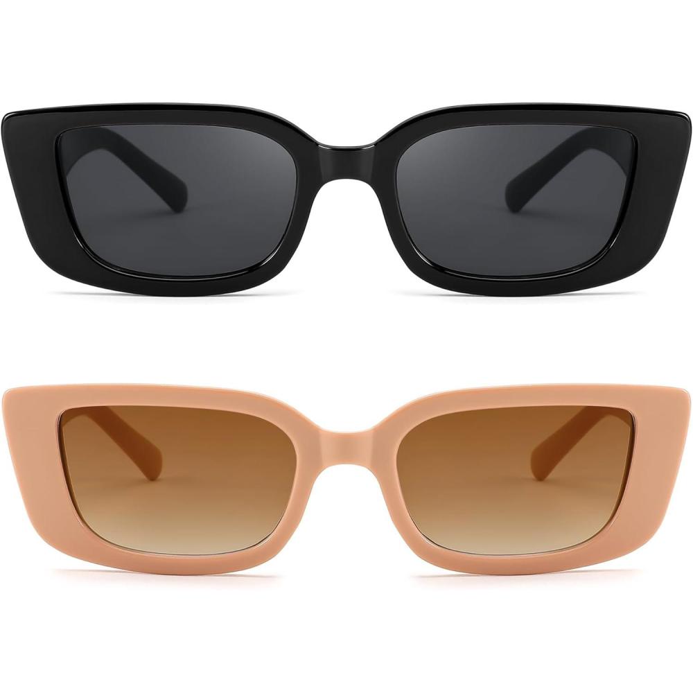 imageFEISEDY Small Rectangle Sunglasses for Women Men Vintage Trendy Y2K Rectangular Sunglasses B9066Black  Beige Pink
