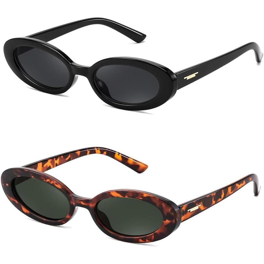 imageFEISEDY Small Retro Oval Cateye Sun Glasses for Women and Teens with Small Face 90s Style Glasses B41722 Pack Black Leopard FrameGreen Lens
