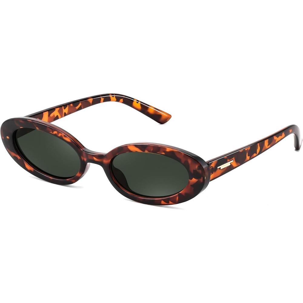 imageFEISEDY Small Retro Oval Cateye Sun Glasses for Women and Teens with Small Face 90s Style Glasses B4172Leopard FrameGreen Lens