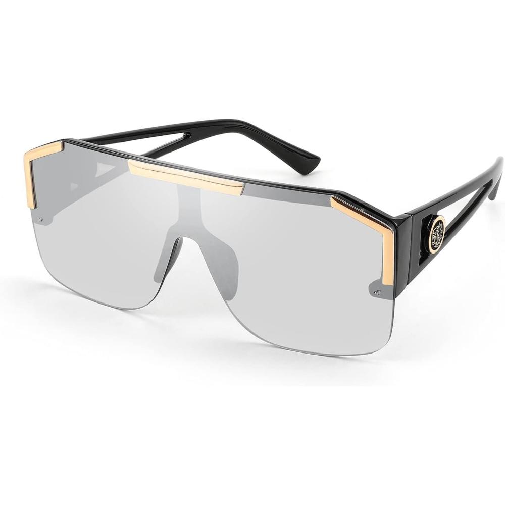 imageFEISEDY Square Oversized Sunglasses for Men Women Flat Top Shield One Piece Lens Sun Glasses Shades B2765Black Frame Grey Lens