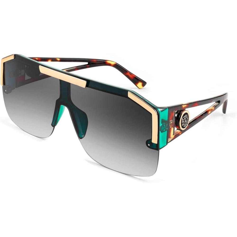 imageFEISEDY Square Oversized Sunglasses for Men Women Flat Top Shield One Piece Lens Sun Glasses Shades B2765Green Frame Gradient Grey Lens