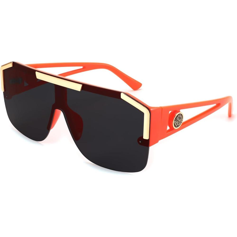 imageFEISEDY Square Oversized Sunglasses for Men Women Flat Top Shield One Piece Lens Sun Glasses Shades B2765Orange Frame With Grey Lens