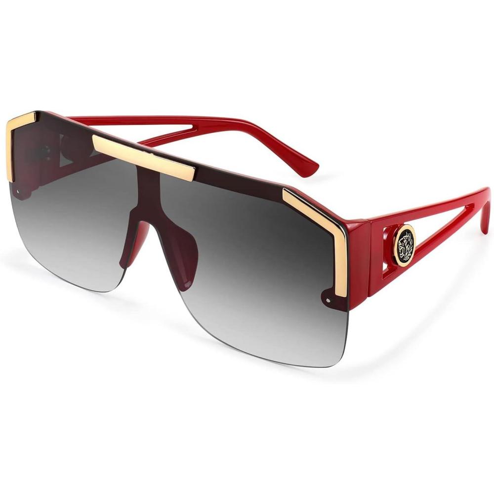 imageFEISEDY Square Oversized Sunglasses for Men Women Flat Top Shield One Piece Lens Sun Glasses Shades B2765Red Frame Gradient Grey Lens