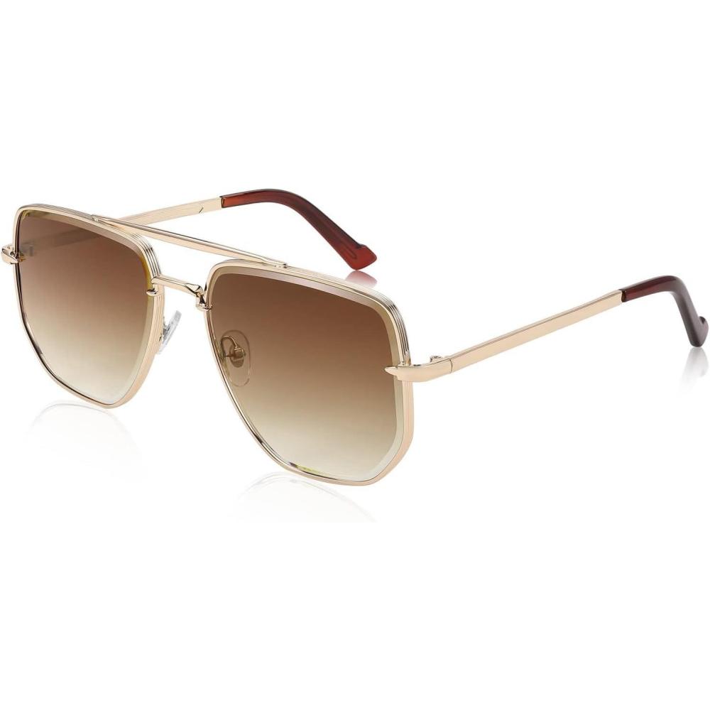 imageFEISEDY Sunglasses Aviator Men Women 70s Sun Glasses Square Frame UV400 Protection B2953004 Gold Frame Gradient Tea Lens