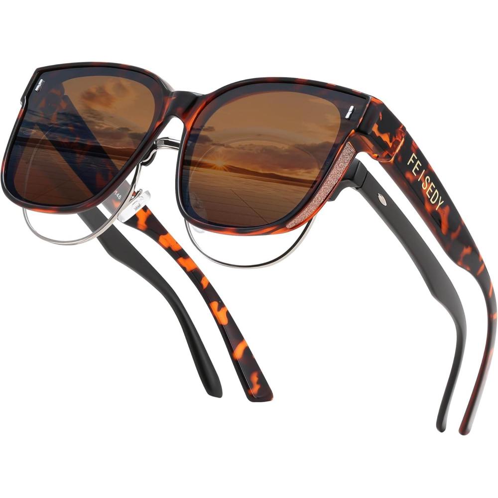 imageFEISEDY Sunglasses Fit Over Glasses Oversized Polarized Shiny for Women Sunglasses UV400 B0269Lropard Frame  Tea Lens